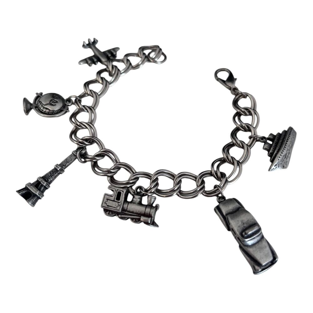Vintage 1980s Travel Charm Bracelet Plane Eiffel Tower Train Pewter Tone - 8T